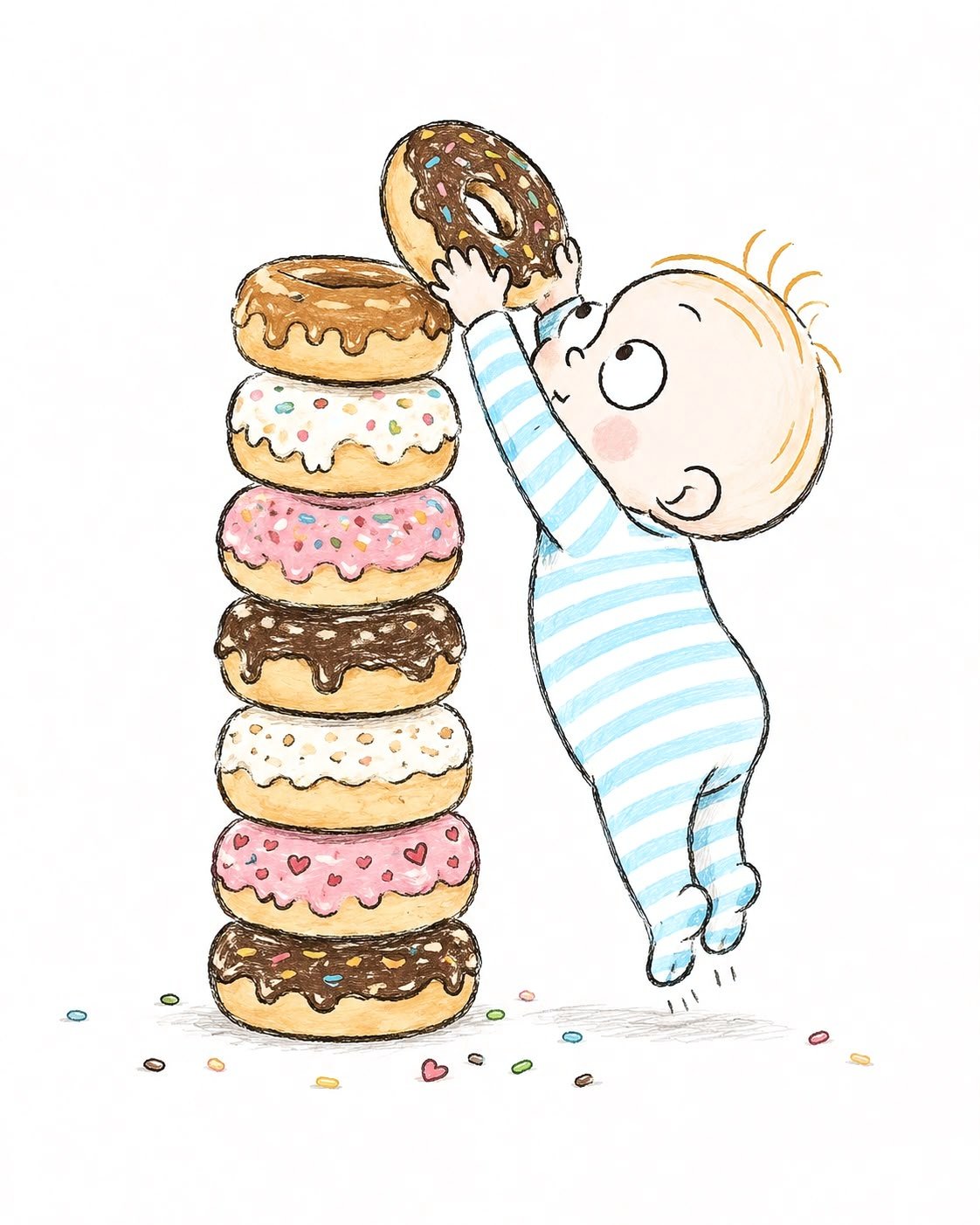 Ilustração do Adam pulando para pegar um donut do topo de uma pilha de donuts.