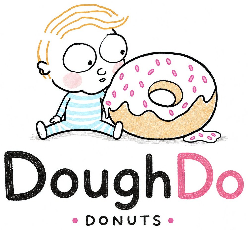 Logo da DoughDo: o Adam sentado ao lado de um donut gigante com glacê e granulado rosa.
